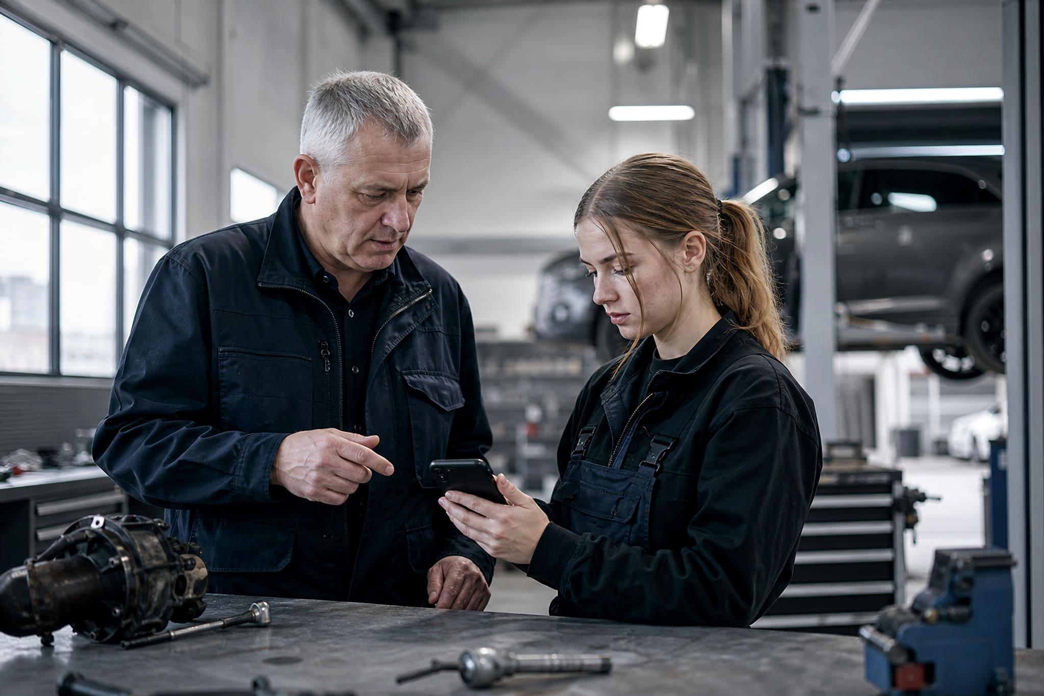 Ein Berufsbildner und seine Lernende schauen in der Werkstatt kurz gemeinsam auf ein Telefon.