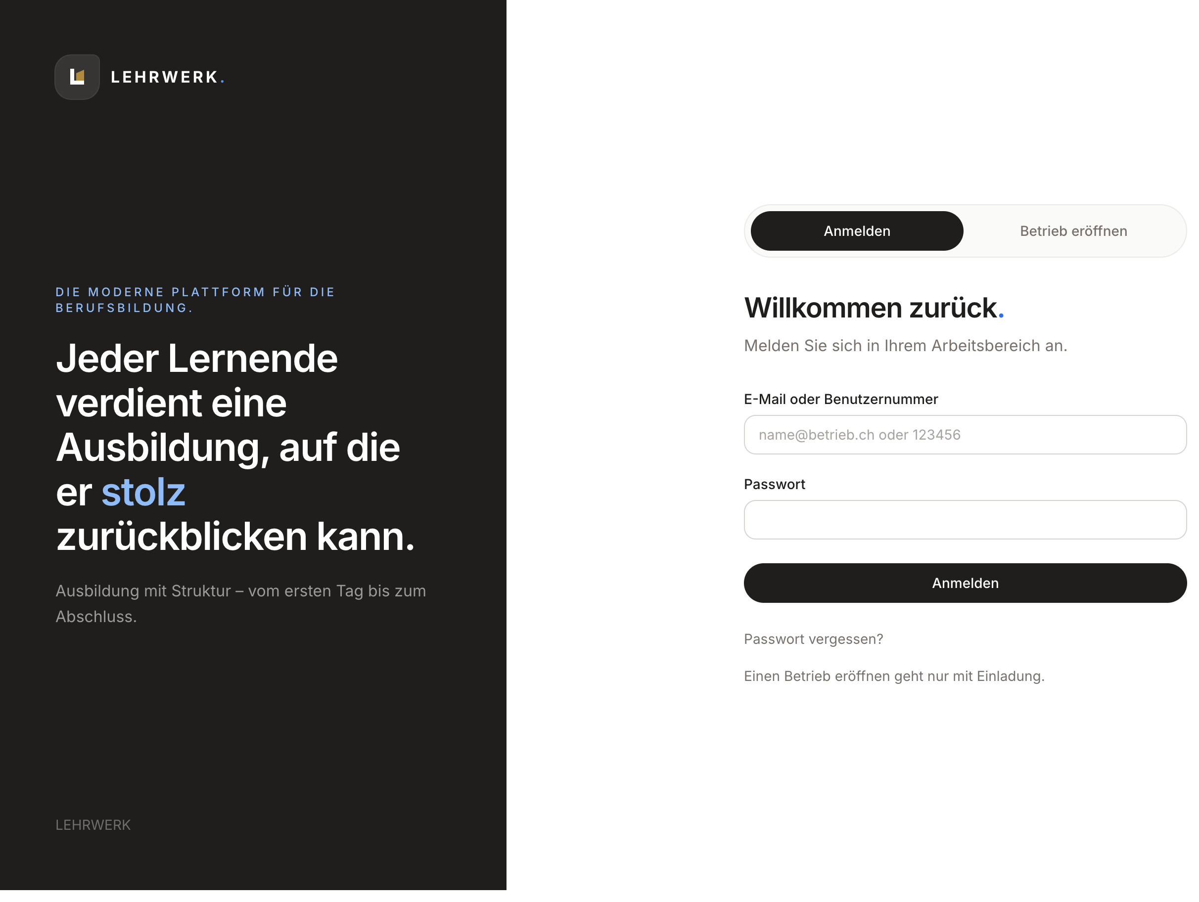 Anmeldeseite von LEHRWERK mit den Feldern für E-Mail oder Benutzernummer.