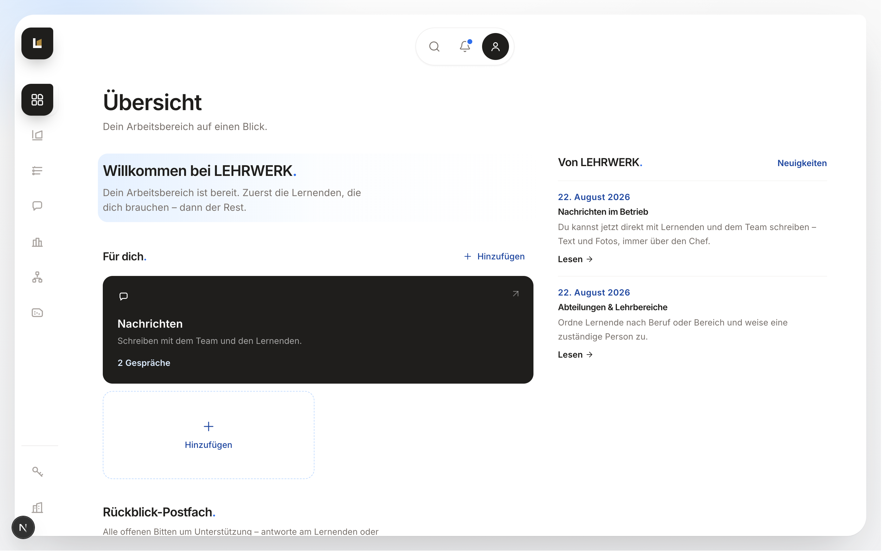 Arbeitsbereich eines Lehrbetriebs in LEHRWERK mit Übersicht, Nachrichten und Rückblick-Postfach.