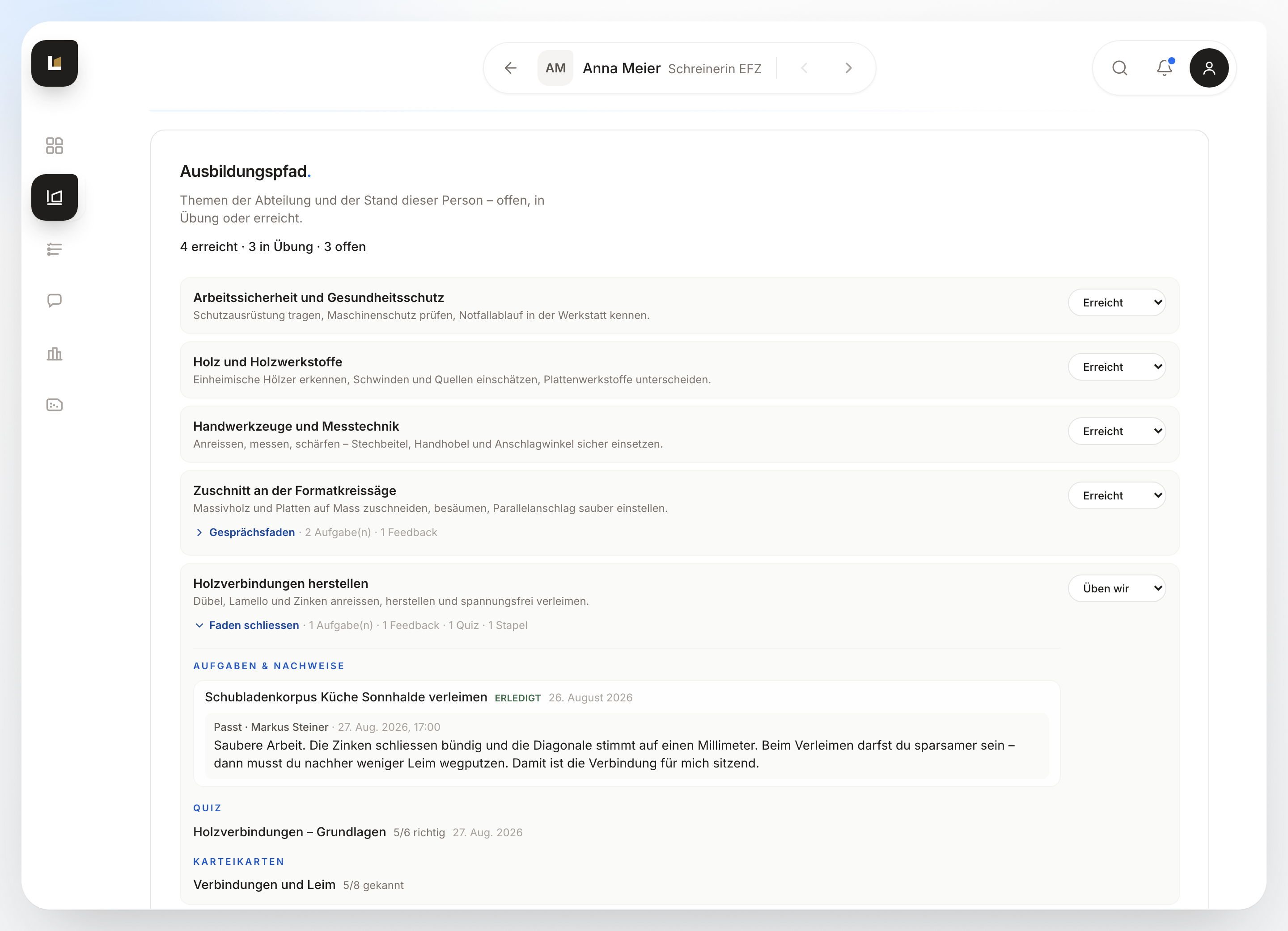 Ausbildungspfad in LEHRWERK mit Themen auf Erreicht, Üben wir und offenen Aufgaben.