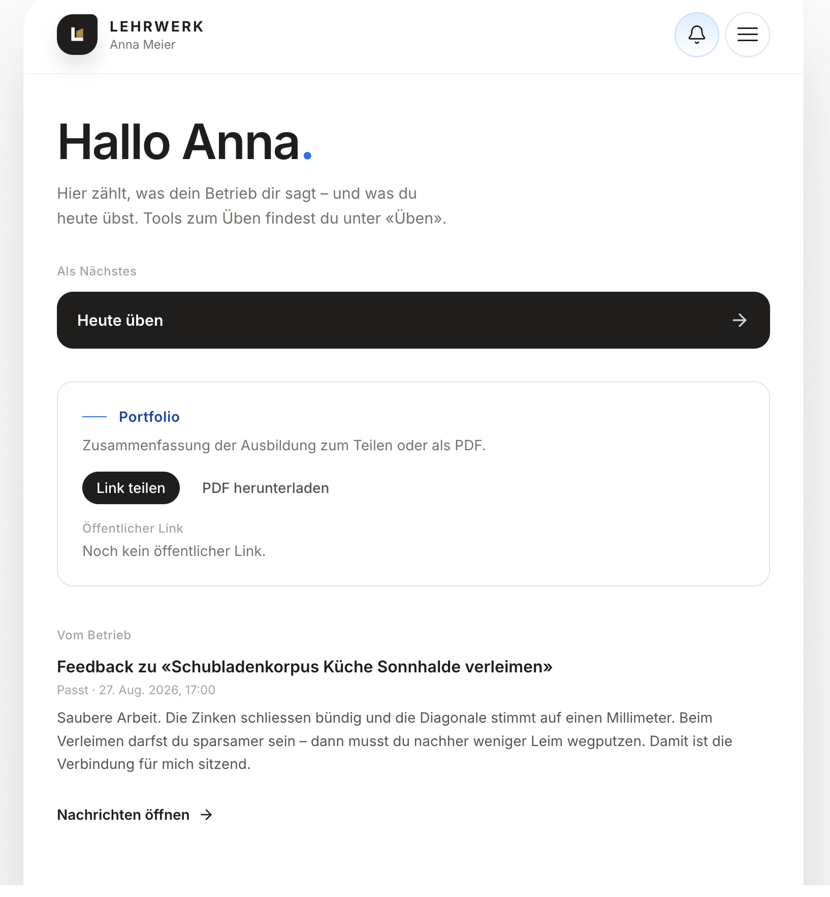 Lernportal in LEHRWERK mit Begrüssung, Übungseinstieg, Portfolio und einer Rückmeldung vom Betrieb.