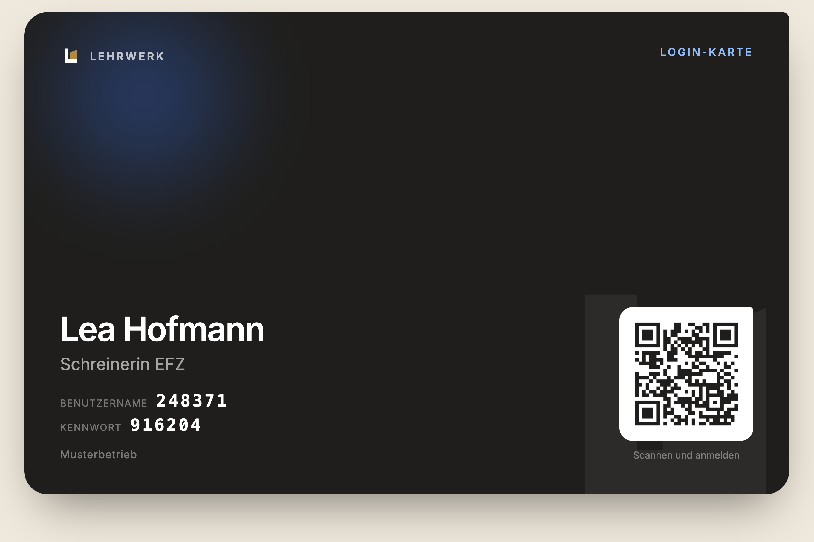 Login-Karte aus LEHRWERK mit Benutzername, Kennwort und QR-Code – als Muster für Lea Hofmann, Schreinerin EFZ.
