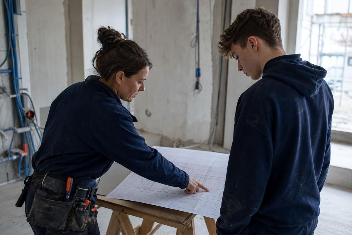 Eine Elektroinstallateurin bespricht mit ihrem Lernenden einen Plan auf der Baustelle.